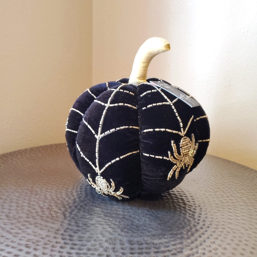 Halloween Beaded Velvet Spider Pumkin Weighted Accent Pillow NWT